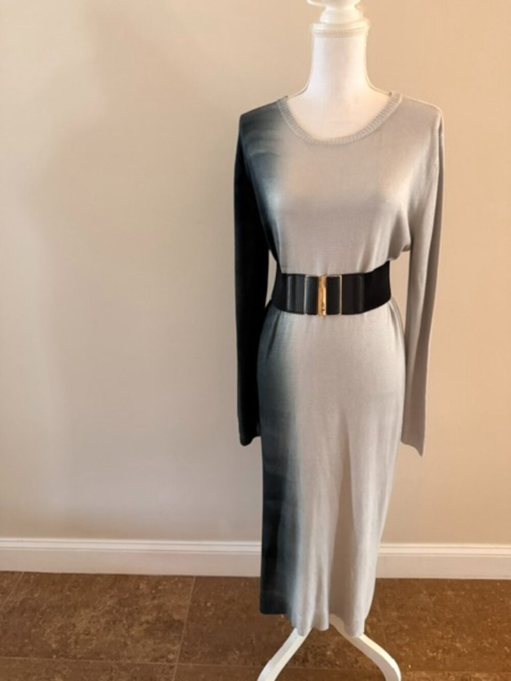 STITCHDROP Silver Gray Knit Midi Dress Long Sleeve Elegant